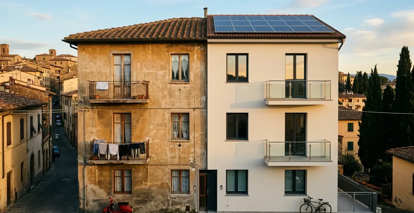 Vista esterna di un palazzo italiano con interventi di riqualificazione energetica in corso su metà dell'edificio