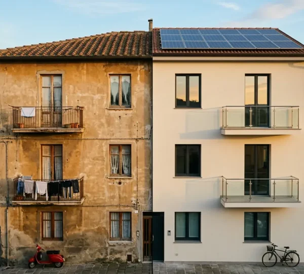 Vista esterna di un palazzo italiano con interventi di riqualificazione energetica in corso su metà dell'edificio