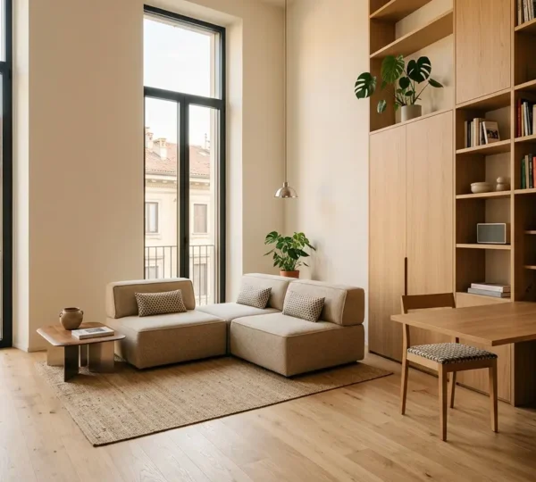 Appartamento compatto milanese con arredi multifunzionali e spazi ottimizzati in stile contemporaneo