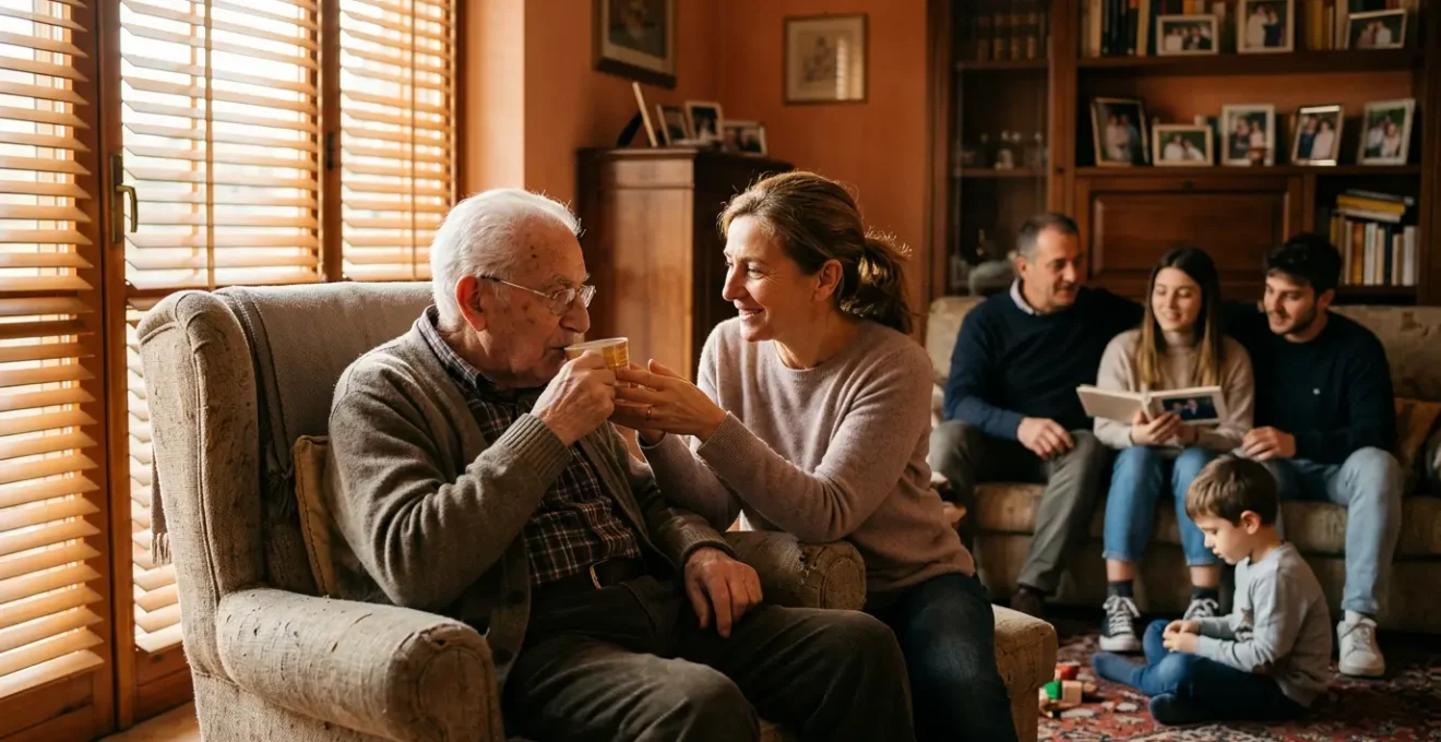 Famiglia italiana multigenerazionale che si prende cura di un genitore anziano in ambiente domestico accogliente