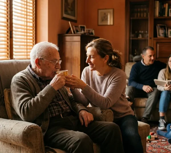 Famiglia italiana multigenerazionale che si prende cura di un genitore anziano in ambiente domestico accogliente