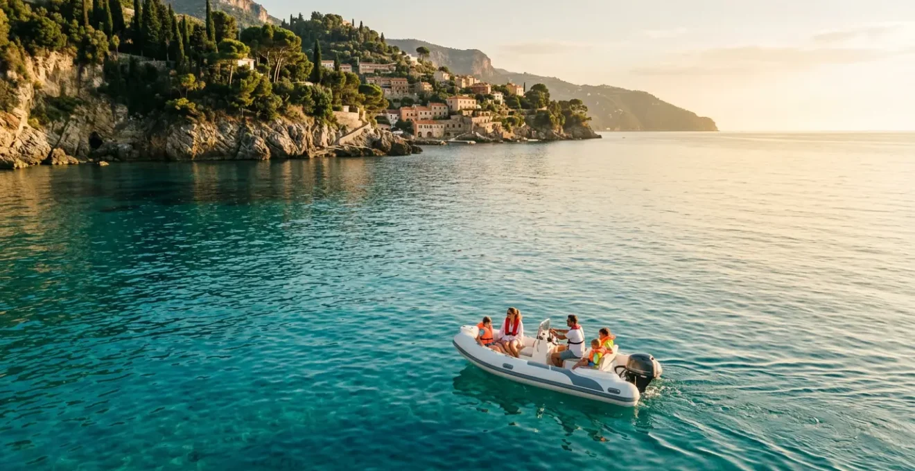 Vista aerea di un piccolo gommone che naviga in acque cristalline italiane con famiglia a bordo