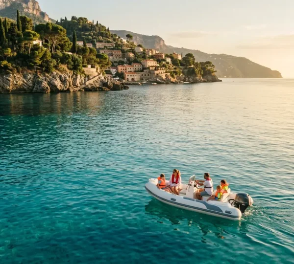 Vista aerea di un piccolo gommone che naviga in acque cristalline italiane con famiglia a bordo