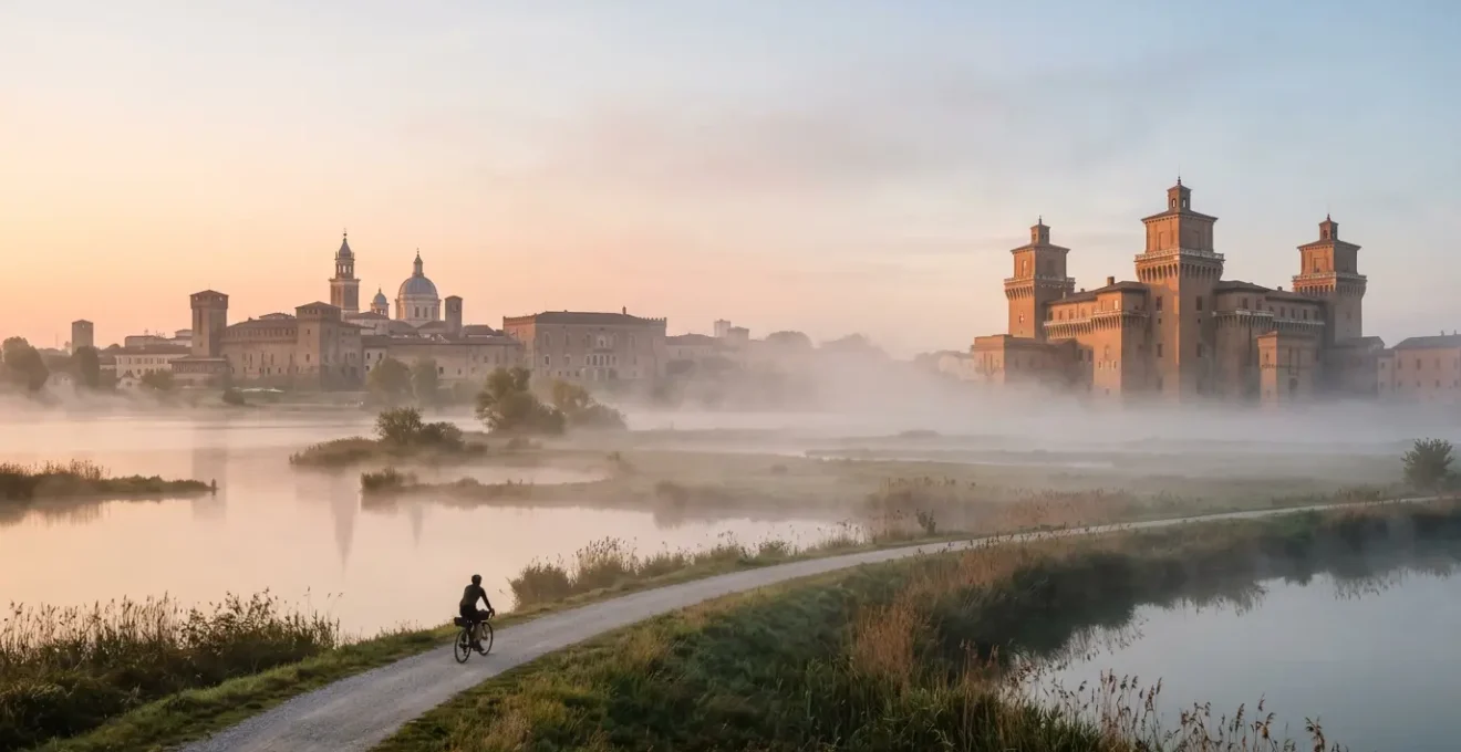 Vista panoramica di Mantova e Ferrara con architettura rinascimentale e atmosfera nebbiosa