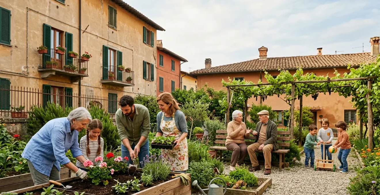 Gruppo di residenti di diverse età che collaborano alla cura di un giardino condominiale con sfondo urbano italiano