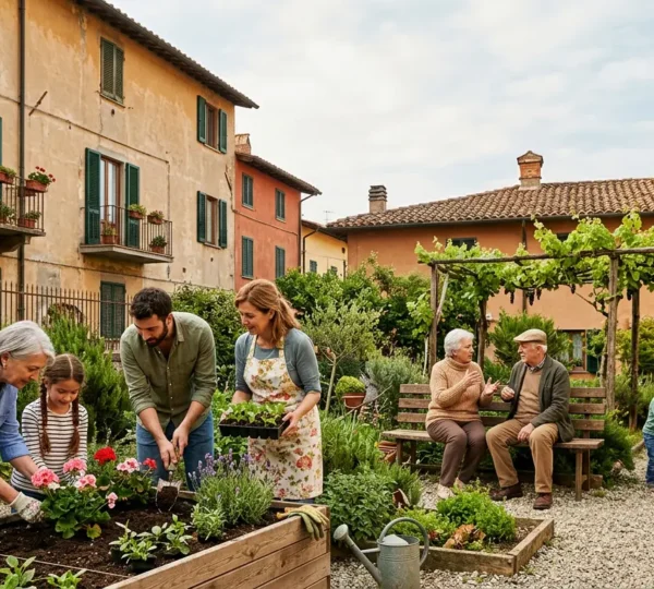 Gruppo di residenti di diverse età che collaborano alla cura di un giardino condominiale con sfondo urbano italiano