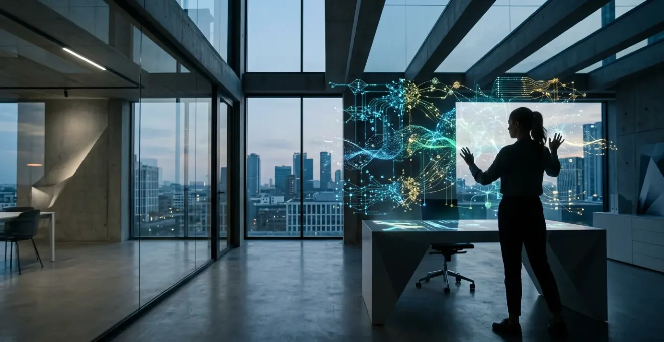 Spazio creativo moderno con professionista che integra strumenti di intelligenza artificiale nel processo lavorativo