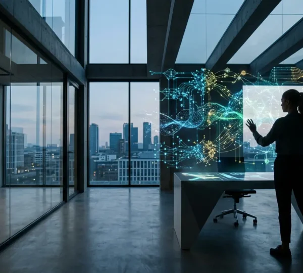 Spazio creativo moderno con professionista che integra strumenti di intelligenza artificiale nel processo lavorativo