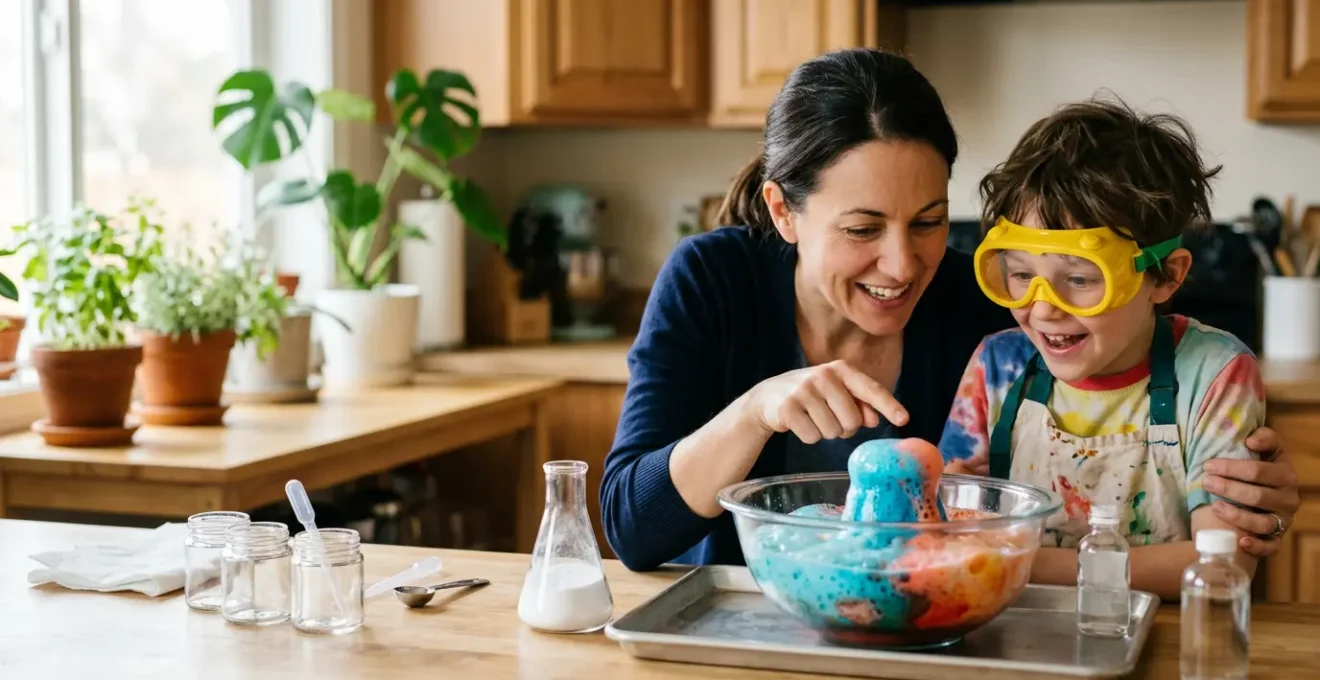 Genitore e bambino in cucina trasformata in laboratorio scientifico, osservano insieme una reazione chimica con stupore