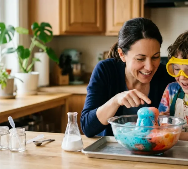 Genitore e bambino in cucina trasformata in laboratorio scientifico, osservano insieme una reazione chimica con stupore