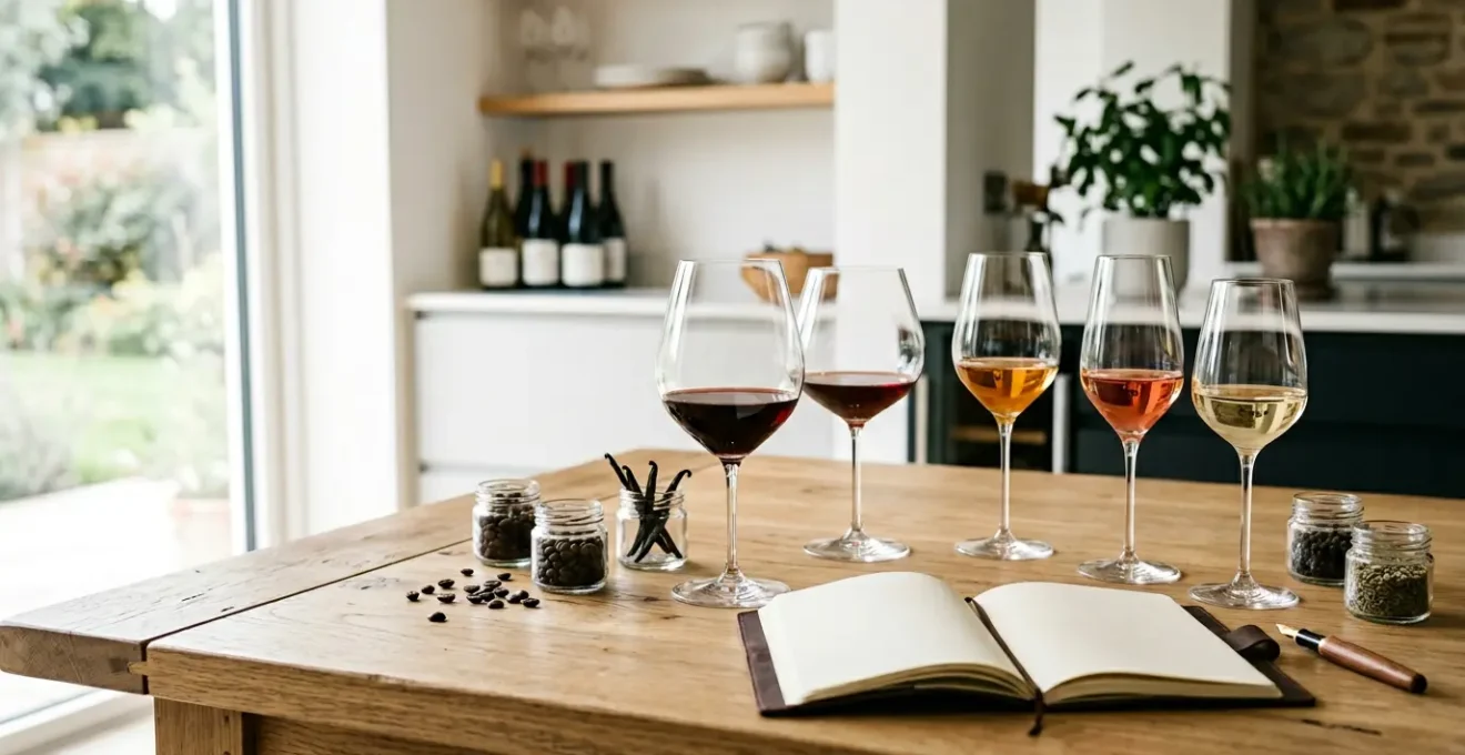 Degustazione tecnica del vino a casa con calici di cristallo e luce naturale