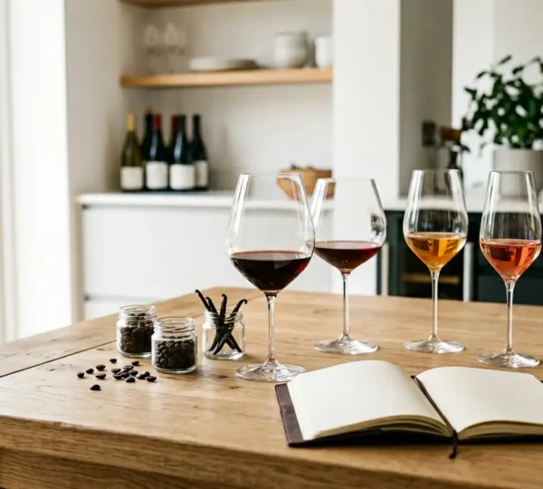 Degustazione tecnica del vino a casa con calici di cristallo e luce naturale