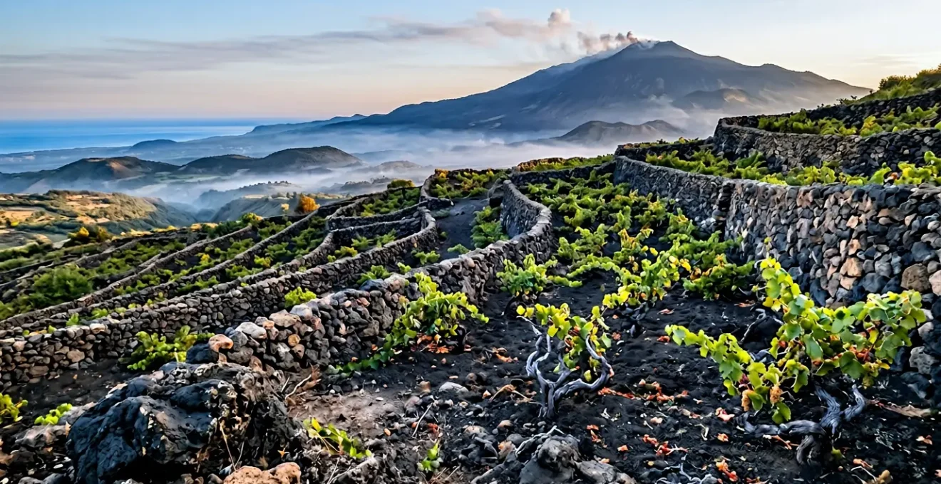 Sommelier che degusta un vino dell'Etna in un vigneto vulcanico con vista sul vulcano