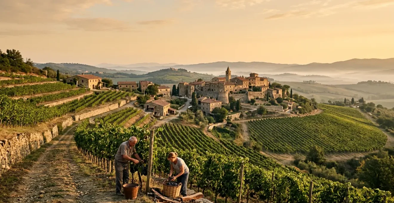 Paesaggio rurale italiano con vigneti terrazzati, borghi medievali e produttori artigianali al lavoro