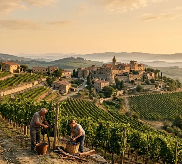 Paesaggio rurale italiano con vigneti terrazzati, borghi medievali e produttori artigianali al lavoro