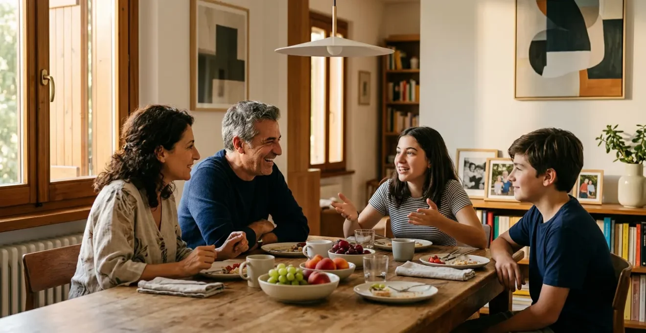 Famiglia multigenerazionale seduta attorno a un tavolo in un momento di conversazione aperta e rilassata