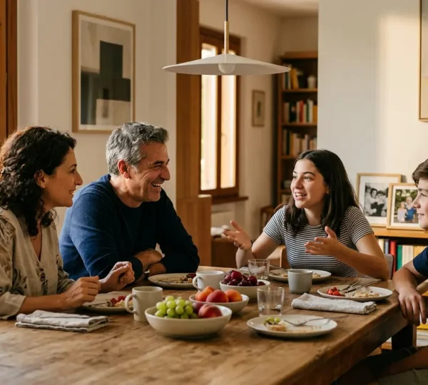 Famiglia multigenerazionale seduta attorno a un tavolo in un momento di conversazione aperta e rilassata