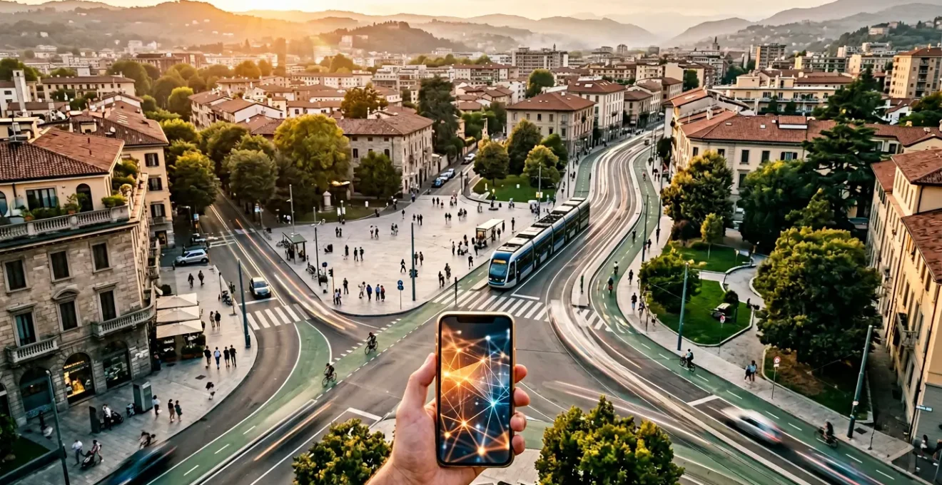 Vista panoramica di una città italiana moderna con infrastrutture di mobilità interconnesse