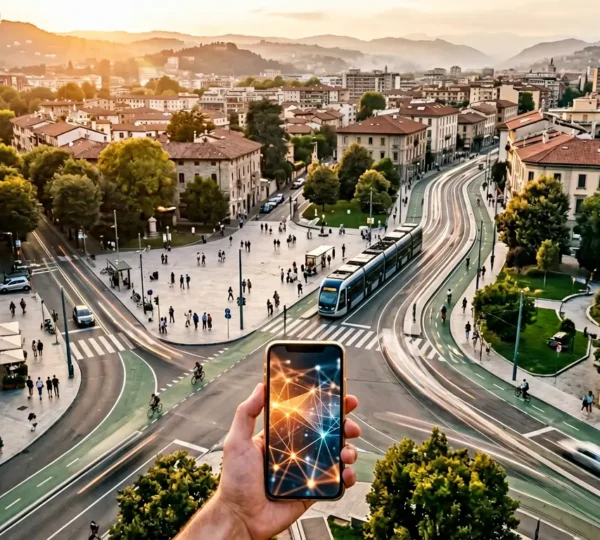 Vista panoramica di una città italiana moderna con infrastrutture di mobilità interconnesse