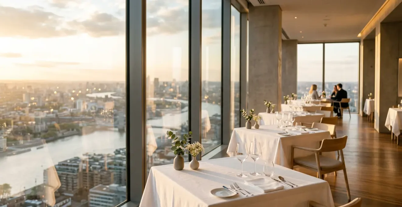 Elegante sala ristorante stellato con vista panoramica e servizio raffinato