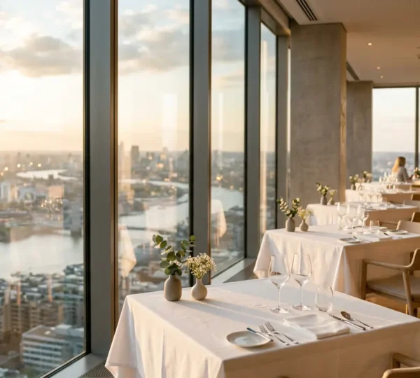 Elegante sala ristorante stellato con vista panoramica e servizio raffinato