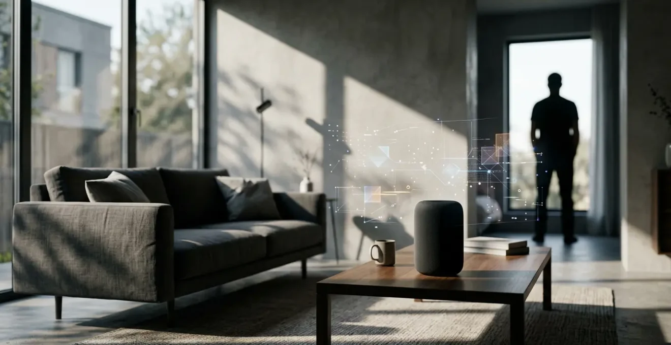 Soggiorno moderno con dispositivi smart home e rappresentazione astratta di dati digitali