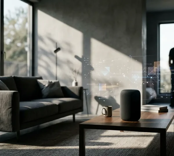 Soggiorno moderno con dispositivi smart home e rappresentazione astratta di dati digitali