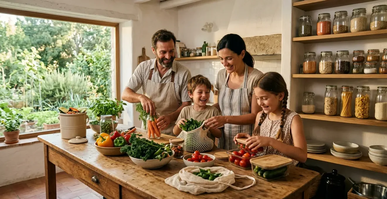Famiglia di quattro persone che organizza la cucina con sistemi di conservazione sostenibili e contenitori riutilizzabili