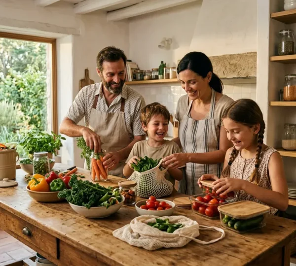 Famiglia di quattro persone che organizza la cucina con sistemi di conservazione sostenibili e contenitori riutilizzabili