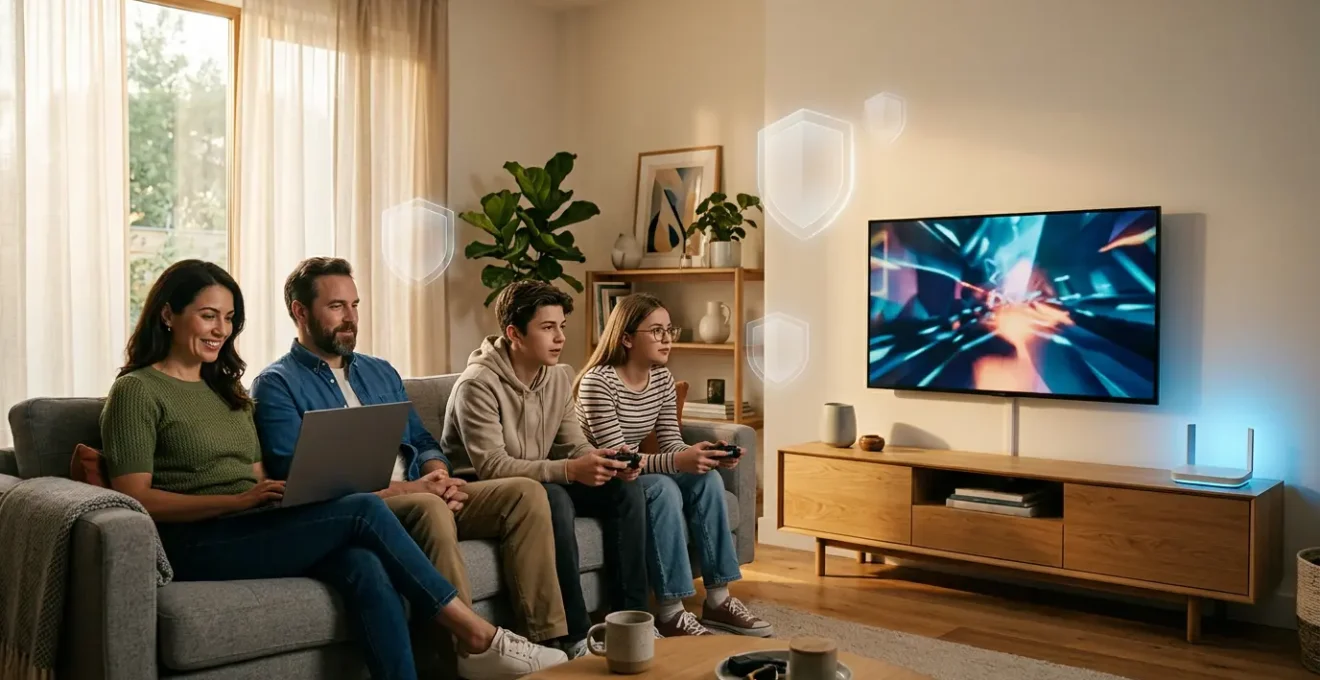 Famiglia seduta sul divano con dispositivi smart e scudo virtuale protettivo