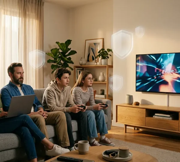 Famiglia seduta sul divano con dispositivi smart e scudo virtuale protettivo
