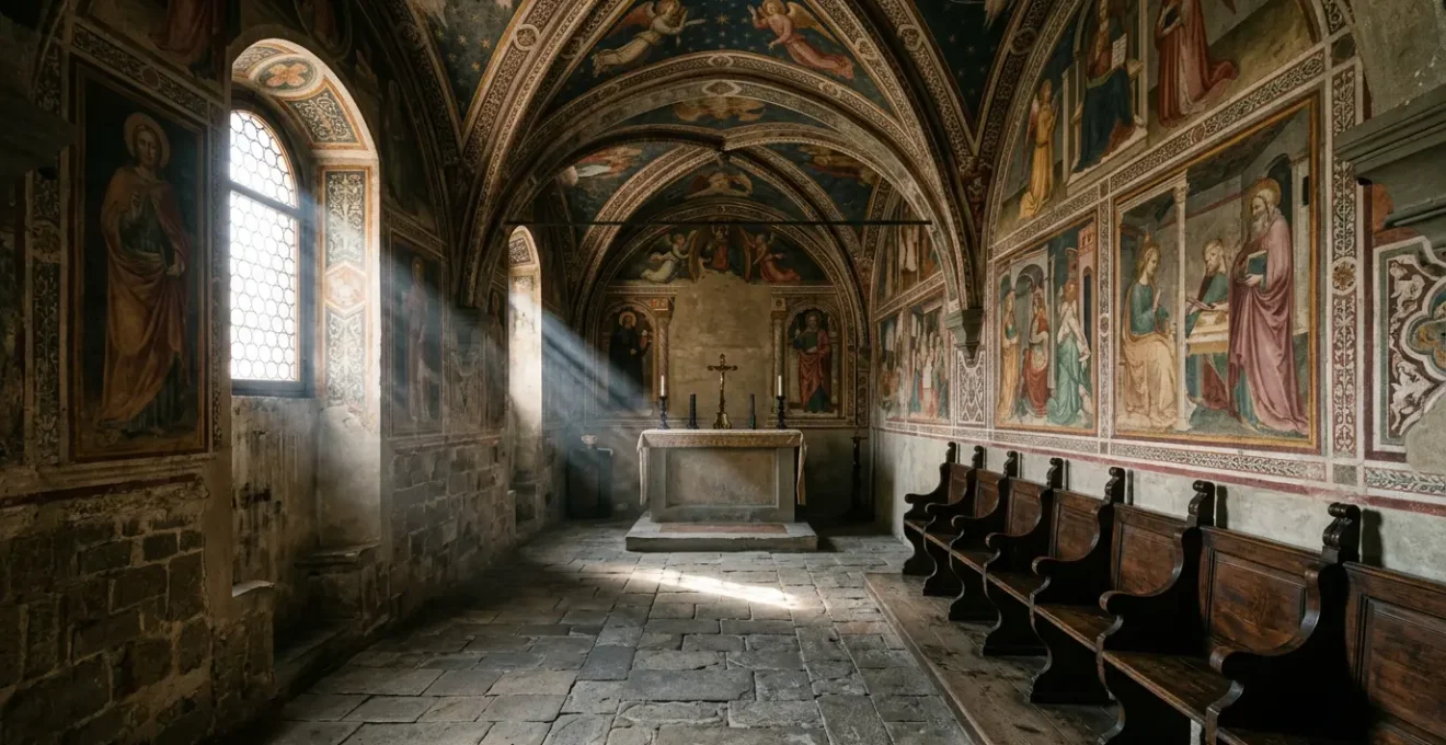 Interno intimo di una cappella rinascimentale fiorentina poco conosciuta con affreschi illuminati dalla luce naturale