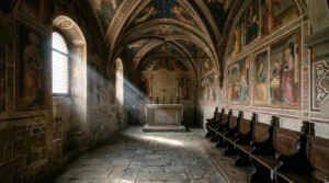 Interno intimo di una cappella rinascimentale fiorentina poco conosciuta con affreschi illuminati dalla luce naturale
