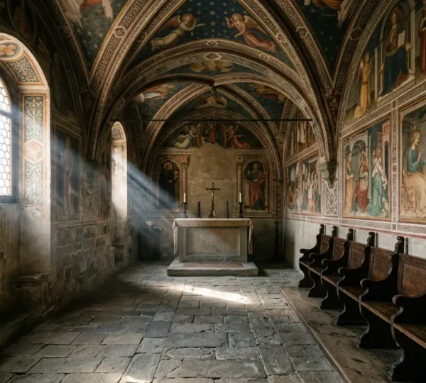 Interno intimo di una cappella rinascimentale fiorentina poco conosciuta con affreschi illuminati dalla luce naturale