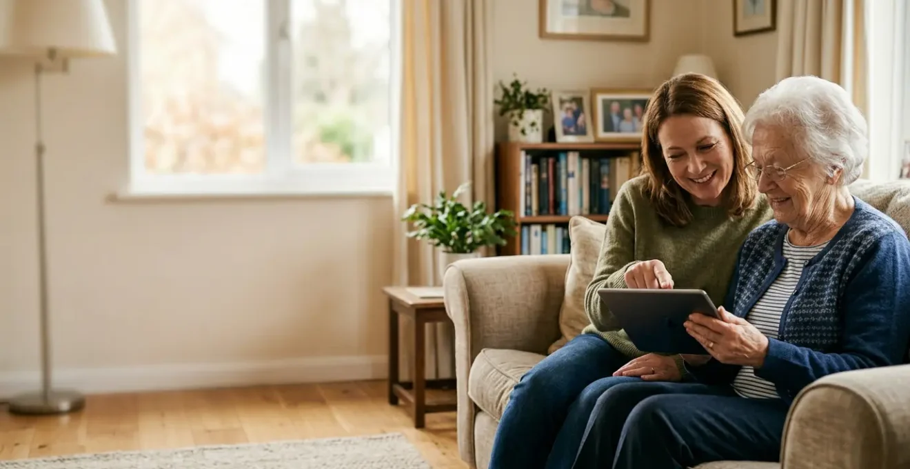 Nonni e nipoti seduti insieme davanti a un tablet in un ambiente domestico accogliente, con espressioni serene e collaborative