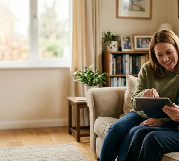 Nonni e nipoti seduti insieme davanti a un tablet in un ambiente domestico accogliente, con espressioni serene e collaborative