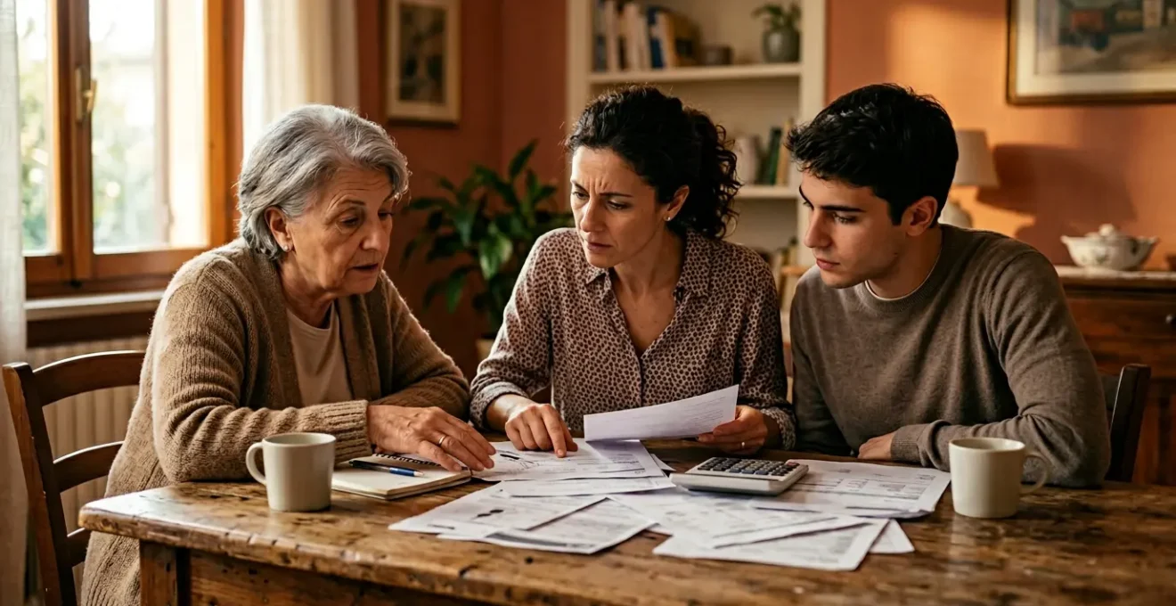 Famiglia italiana che analizza le finanze domestiche con documenti e calcolatrice