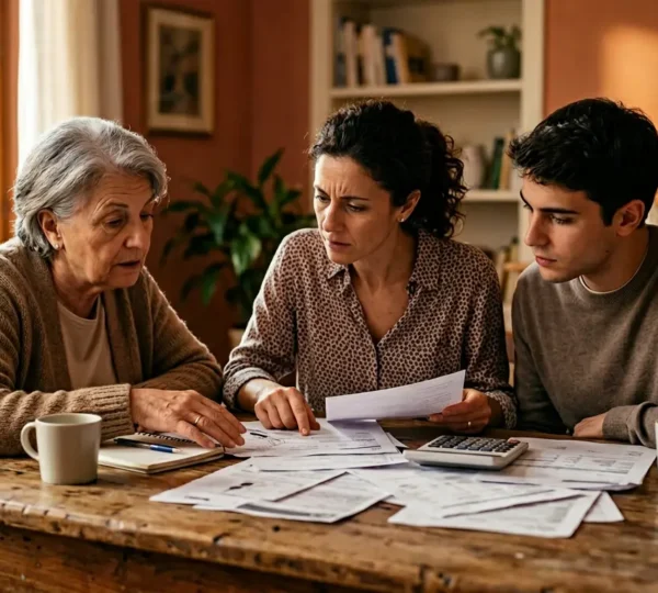 Famiglia italiana che analizza le finanze domestiche con documenti e calcolatrice