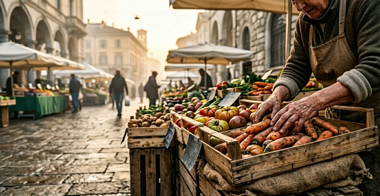 Mercato di prodotti regionali freschi a Milano con verdure biologiche e produttori locali