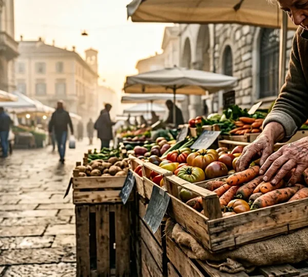 Mercato di prodotti regionali freschi a Milano con verdure biologiche e produttori locali