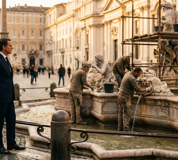 Imprenditore che osserva il restauro di una fontana storica italiana