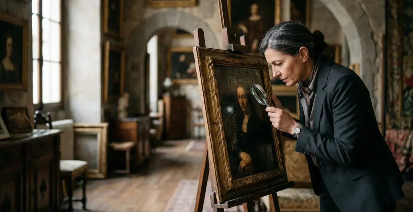 Esperto esamina opera d'arte con lente di ingrandimento in galleria d'antiquariato