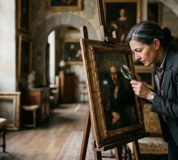 Esperto esamina opera d'arte con lente di ingrandimento in galleria d'antiquariato