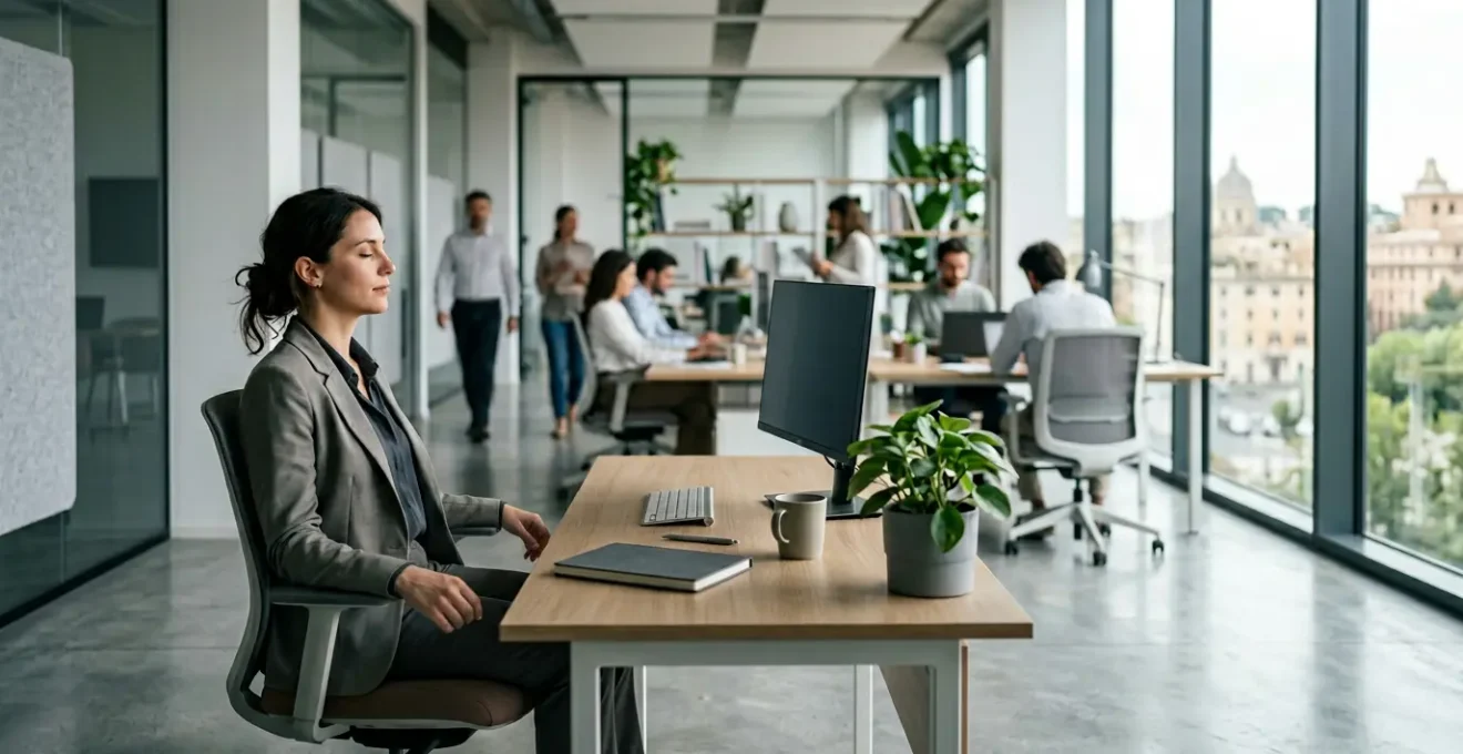 Professionista che pratica mindfulness discreta alla scrivania in ufficio moderno
