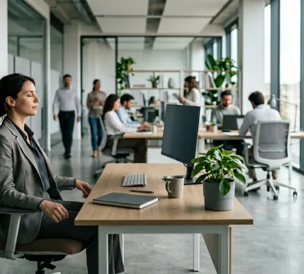 Professionista che pratica mindfulness discreta alla scrivania in ufficio moderno