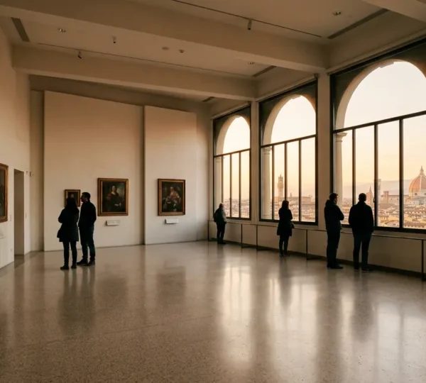 Visitatori osservano opere d'arte in museo italiano con luce del tramonto dalle finestre