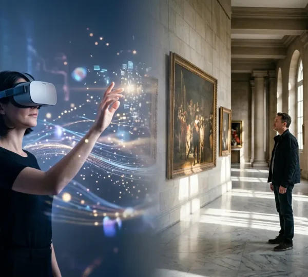 Contrasto tra visitatore con visore VR e galleria museale tradizionale