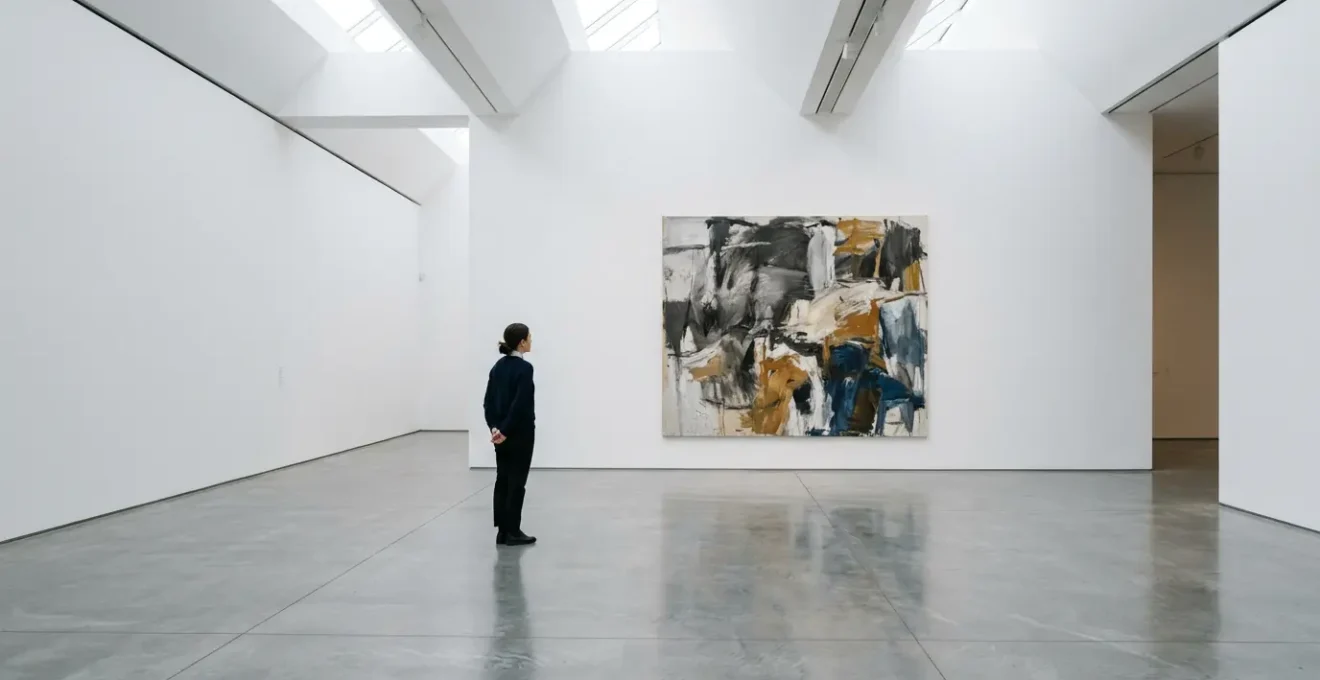 Visitatore osserva dipinto astratto in galleria d'arte contemporanea