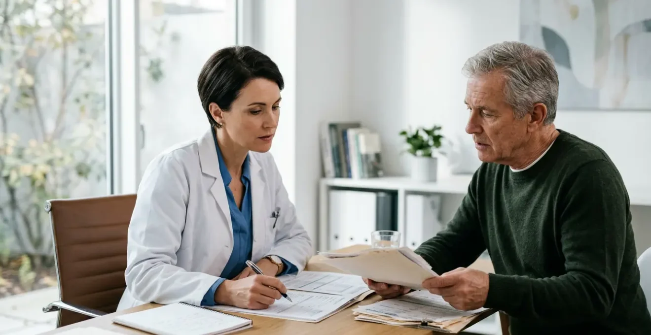 Paziente e medico discutono documenti urgenti su scrivania professionale