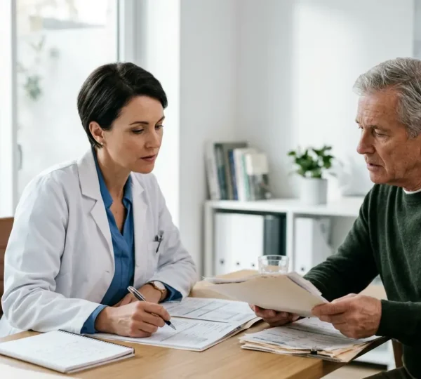 Paziente e medico discutono documenti urgenti su scrivania professionale